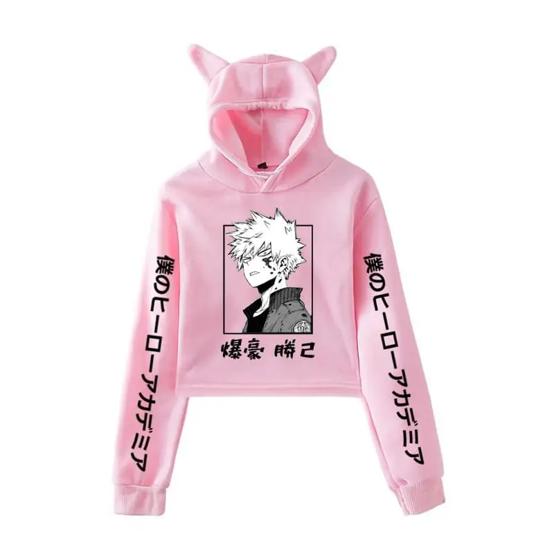 

Band Anime Cat Ears Hoodie My Hero Academia Katsuki Bakugo Printed Pullover Spring Autumn Women Girls Cropped Top Long Sleeve Ho