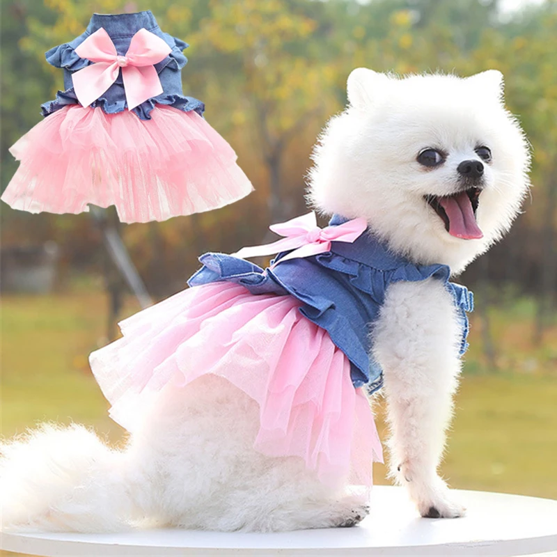 Summer Bitch Clothes Denim Dresses for Small Dogs Pomeranian Chihuahua Puppy Kitten Skirt Pet Princess Dress Pink Girls Clothing