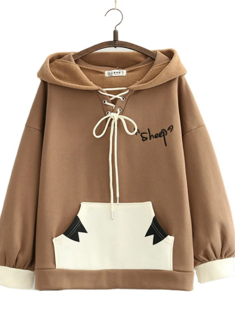 

Harajuku Cartoon And Letter Embroidery Casual Cute Hoodies Sweatshirt Women 2020 Winter Sweet Style Female Cute Pullover Tops