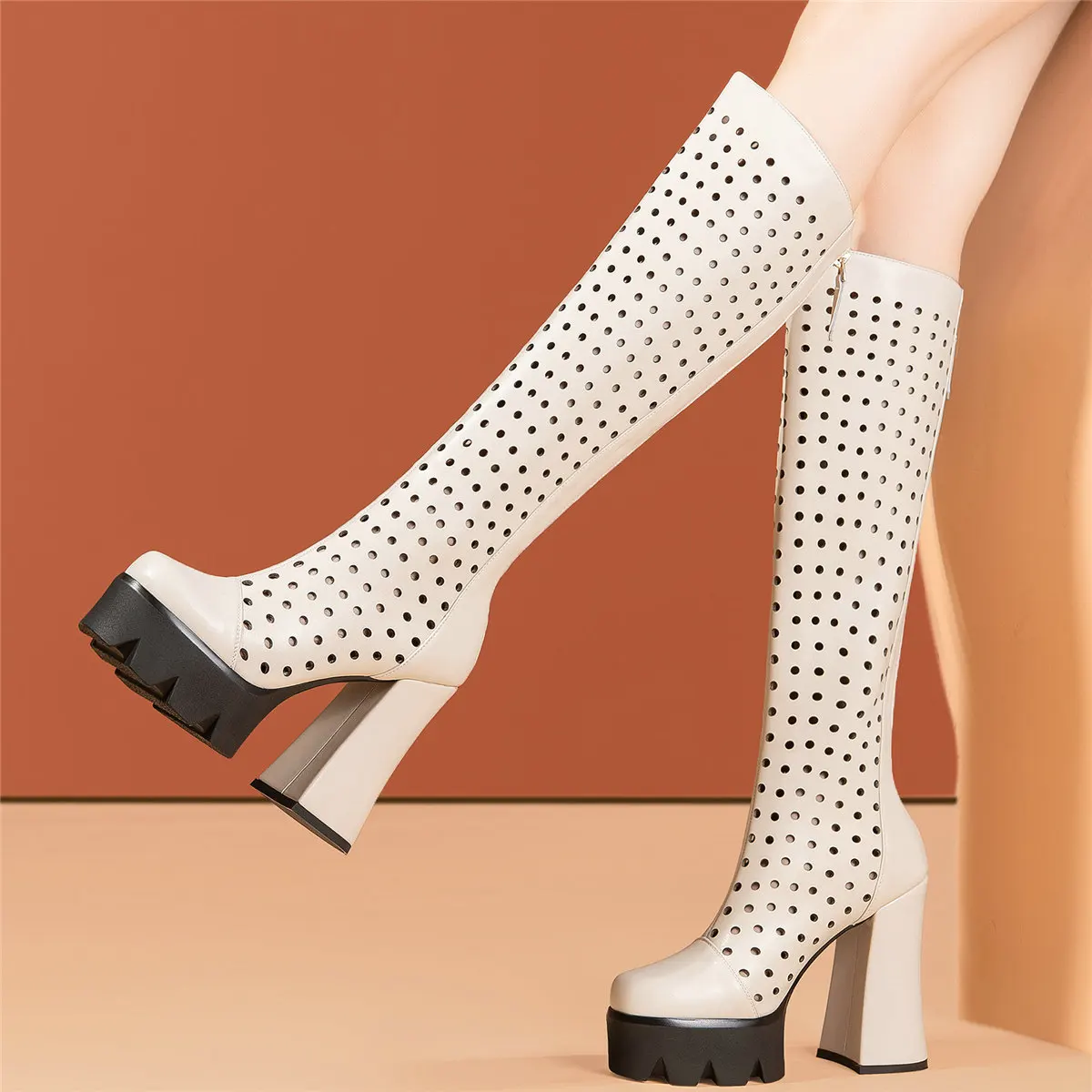 Thigh High Platform Pumps Shoes Women Hollow Genuine Leather Knee High Boots Female Round Toe Gladiator Sandals Casual Shoes