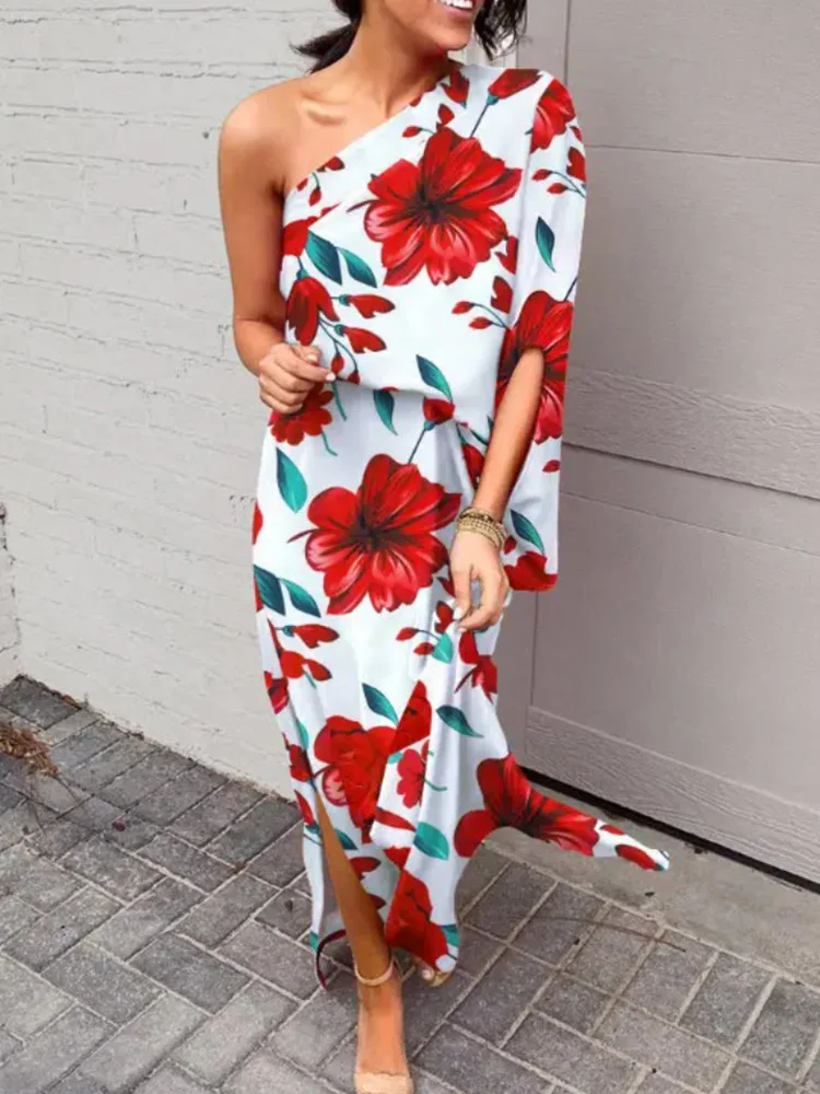 

Women Elegant Long Dress Sexy One-shoulder Short Sleeve Floral Print Split Skirts Summer Fashion Ladies Party Dresses Streetwear