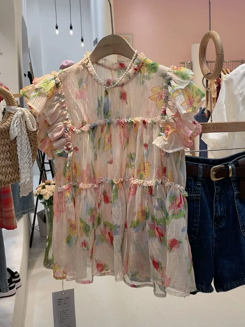 

O Neck Fungus Edge Patchwork Shirts Vintage Summer Korean Trendy Blusas Mujer Fragmented Flowers Pleated Flying Sleeve Blouses