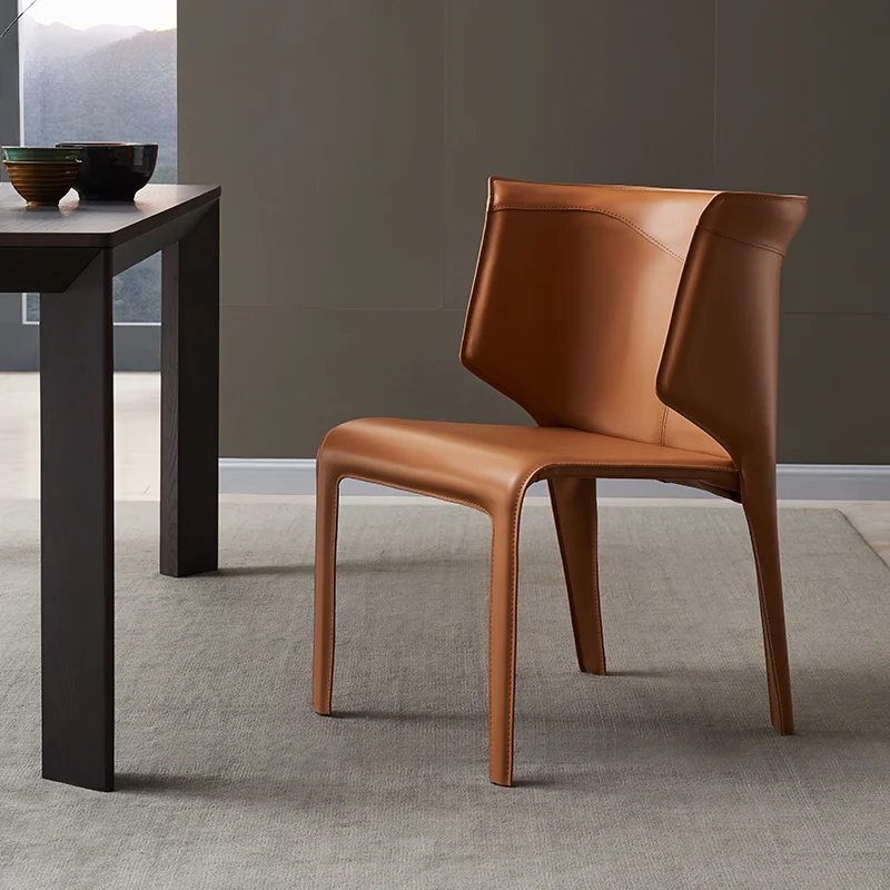 

Italian minimalist dining chair, modern simple saddle leather light luxury dining chair