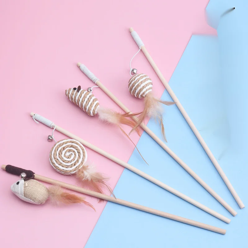 

Wooden Rod Paper Rope Ball Cat Toy with Feather Linen Mouse Wooden Rod Cat Teaser Pet Supplies Accessories