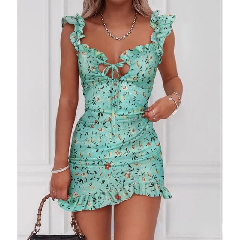 

Floral Print Tied Detail Ruffles Mini Dress Women Sleeveless Casual Vacation Beach Short Dresses Summer