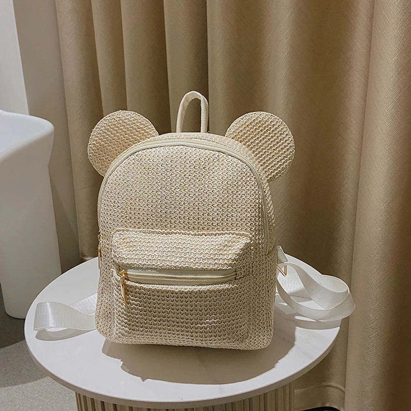 Bear Ears Women's Backpack 2022 Summer Mini Straw Backpacks For Girls Kawaii Shoulders Bag Korean Knapsack Female Bagpack Mouse