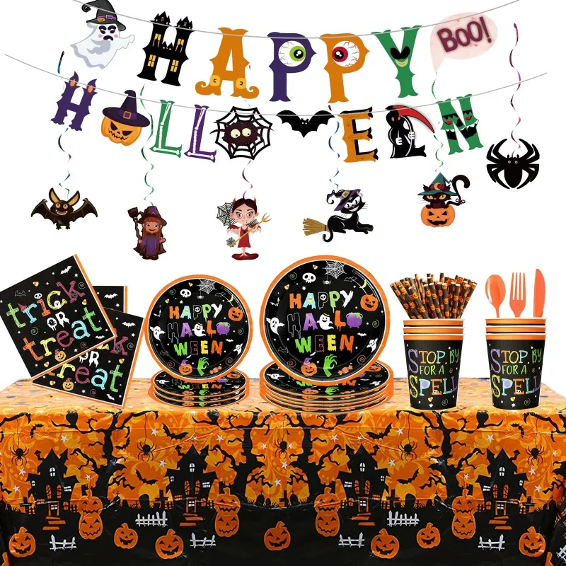 

Halloween Disposable Tableware Pumpkin Paper Cup Banner Plates Table Cover for Christmas Party Decor Disposable Tablewares Set