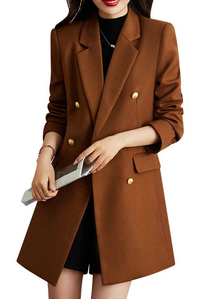 Brown Long Coat with Pockets for Women Double Breasted Jacket Fashion Outwear Loose Style Blazer
