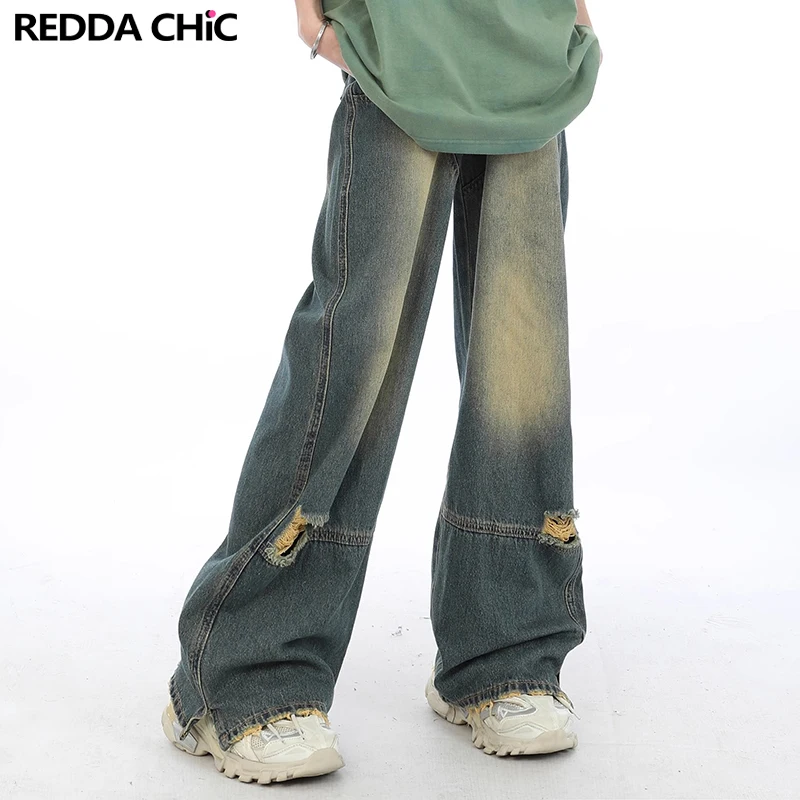 

Женские мешковатые джинсы составного кроя ReddaChic, голубые винтажные прямые широкие брюки с потертостями с дырками, винтажная уличная одежда Y2k