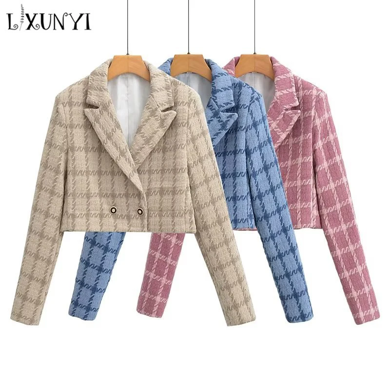 Autumn Winter Women Vintage Plaid Jacket Double Breasted Long Sleeve Short Suit Coat  Turndown Collar Tweed Woolen Outerwear