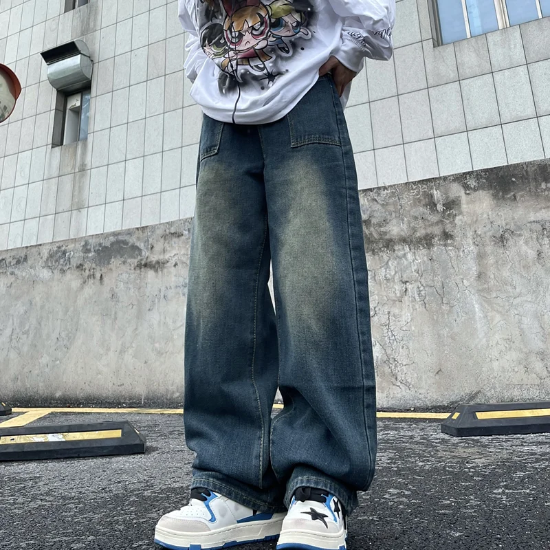 Men Clothing 2022 New Pattern Recreational Vintage Nostalgia Blue Jeans Straight Cylinder Loose Street Trousers Autumn Female