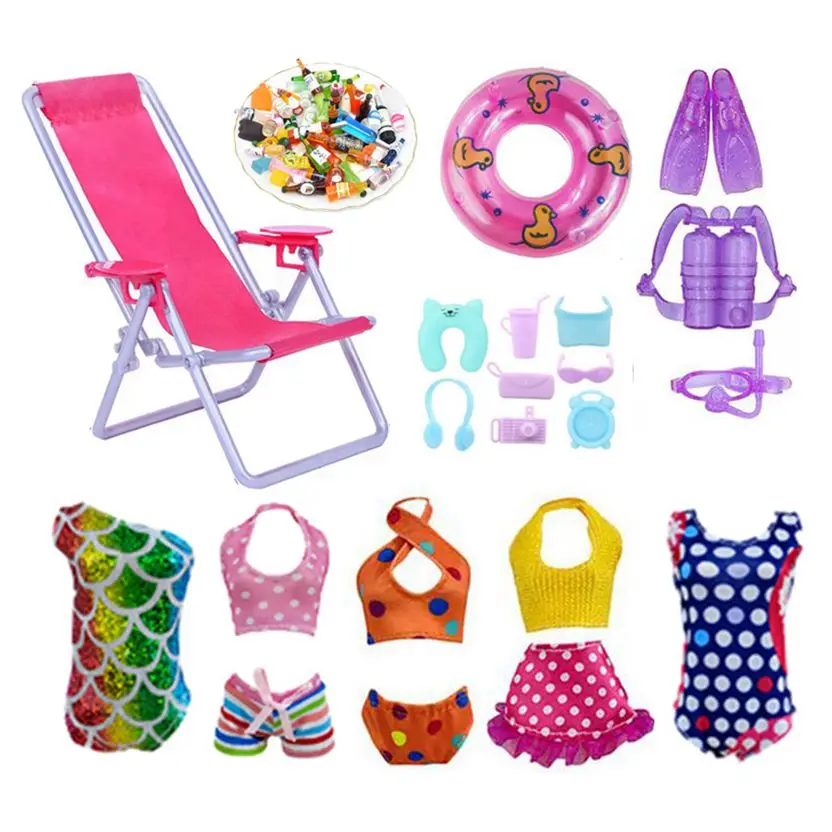 

Kawaii 32 Items / Lot Kids Toys =10 Bottles + 5 Mini Swimsuit +14 Miniature Dollhouse Accessories Beach Chair For Barbie DIY