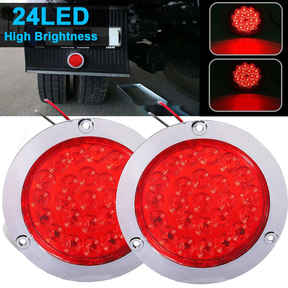 2PCS Round Red 15 LED Truck Trailer light Stop Brake Light Turn Signal Light Lamp Tail 4" Round Trunk Light