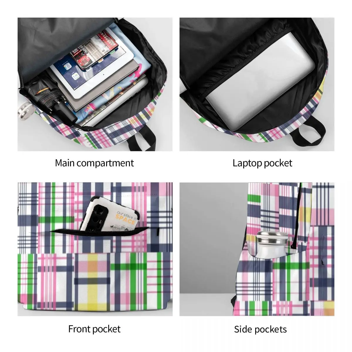 Patchwork Madras Backpack Pink Plaid Print Travel Backpacks Female Colorful Lightweight High School Bags Fun Rucksack images - 6