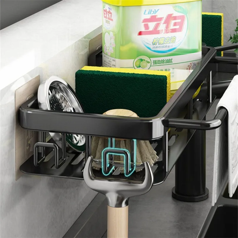 

Wall Mounted Aluminium Alloy Sink Storage Shelf Sponge Drain Rack Soap Holder with Towel Racks No Punching Kitchen Organizer