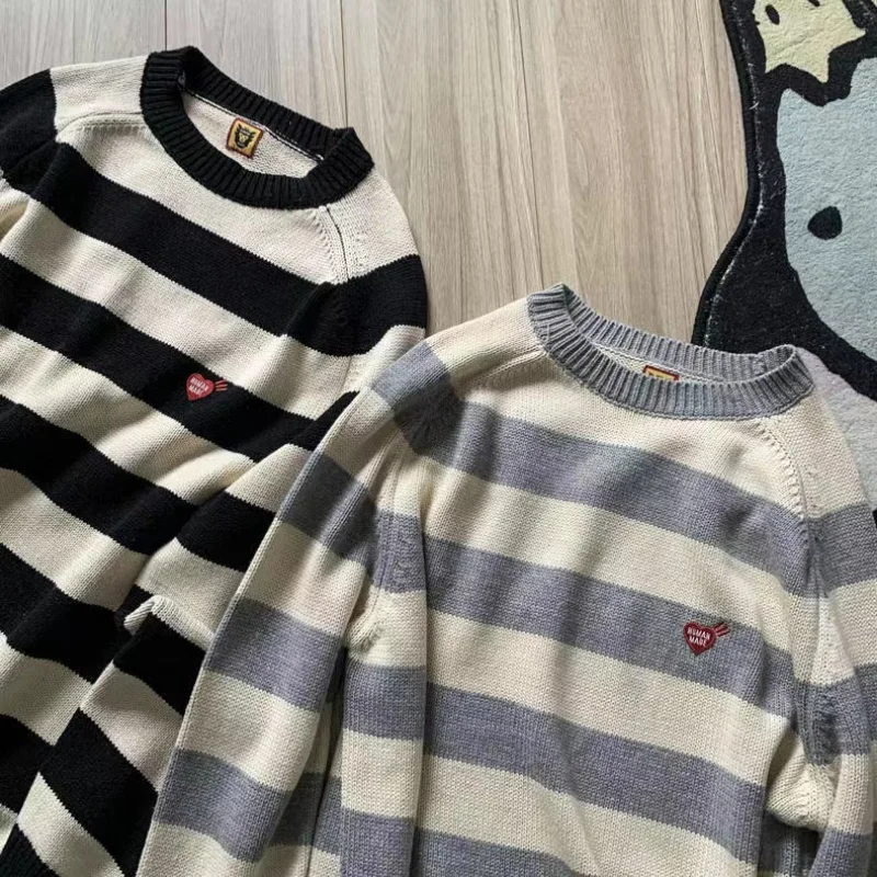 

HUMAN MADE Striped Sweater Small Love Embroidery Simple Couple Pullover