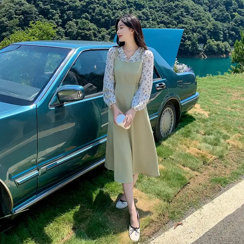 

Яркое романтичное платье для досуга для девушек-подростков, французское подходящее ко всему платье на осень, двухцветные Цветочные Лоскутн...