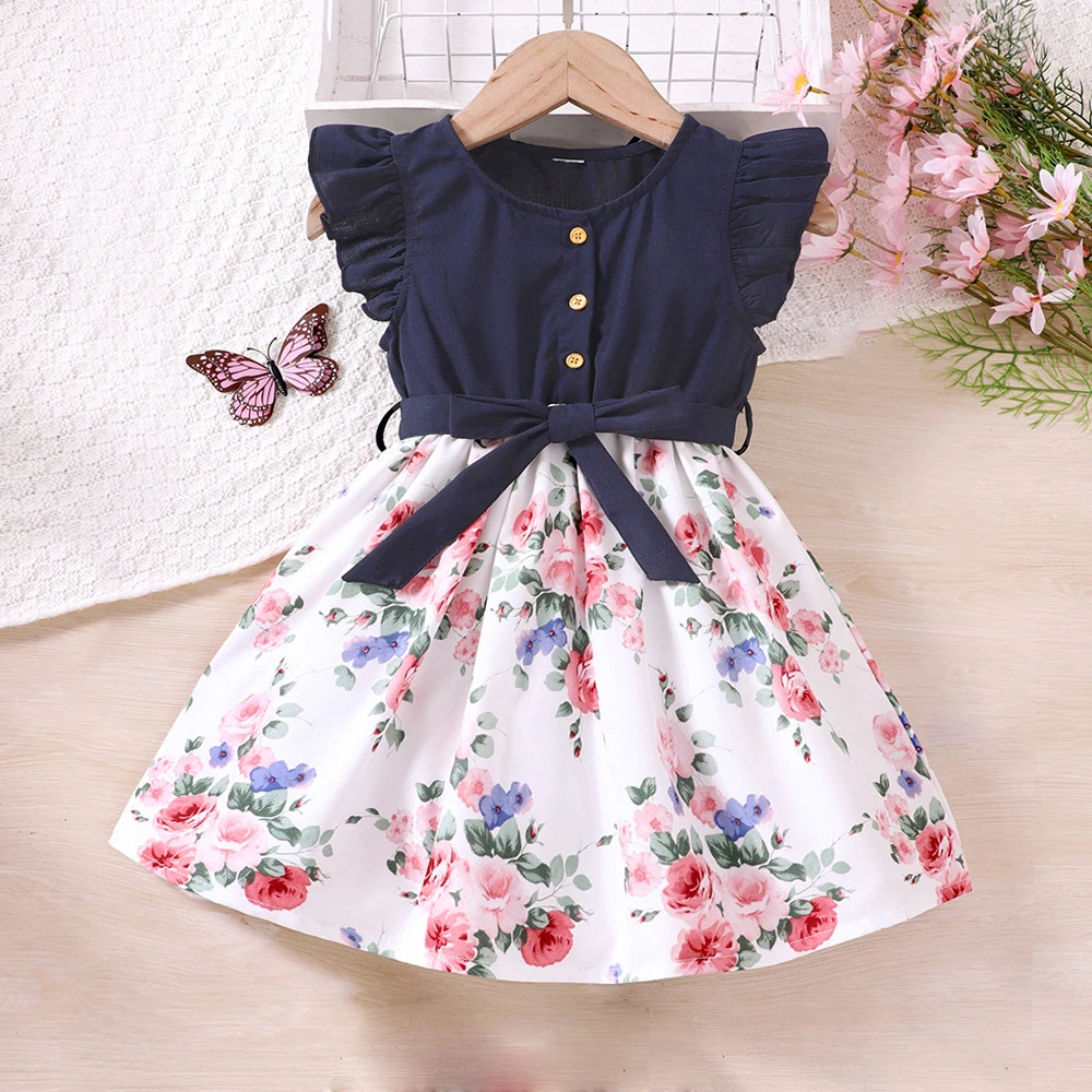 

2023 Summer Dress For Girls Clothes Young Children Short Sleeved Patchwork Floral Clothes Kid Clothes