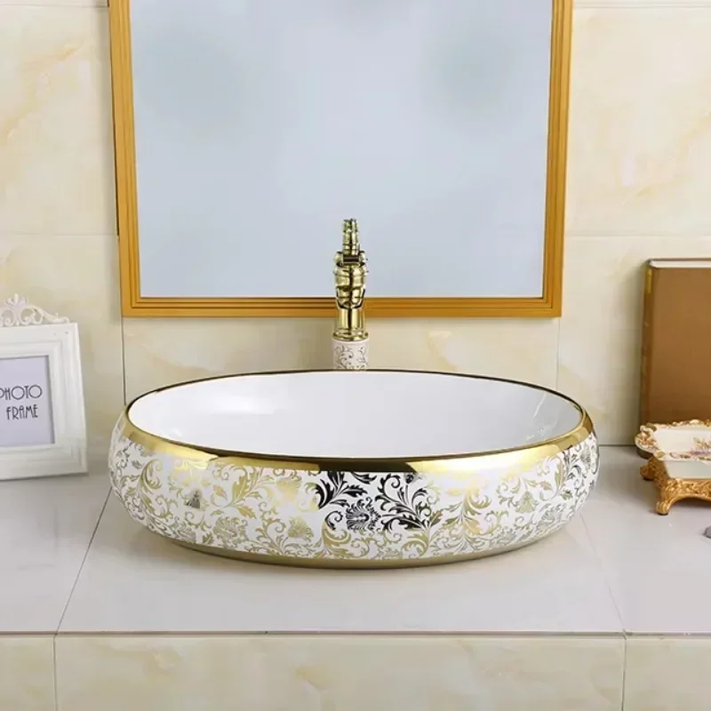 Роскошная керамическая художественная овальная настольная раковина для ванной