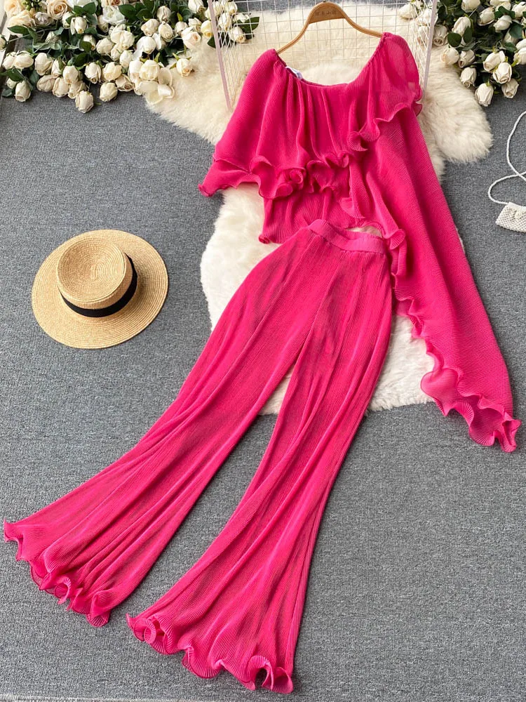 

Summer Vacation Style Tiered Fungus Edge Off-shoulder Suit Female Irregular Top High Waist Wide Leg Two-piece Set D1138