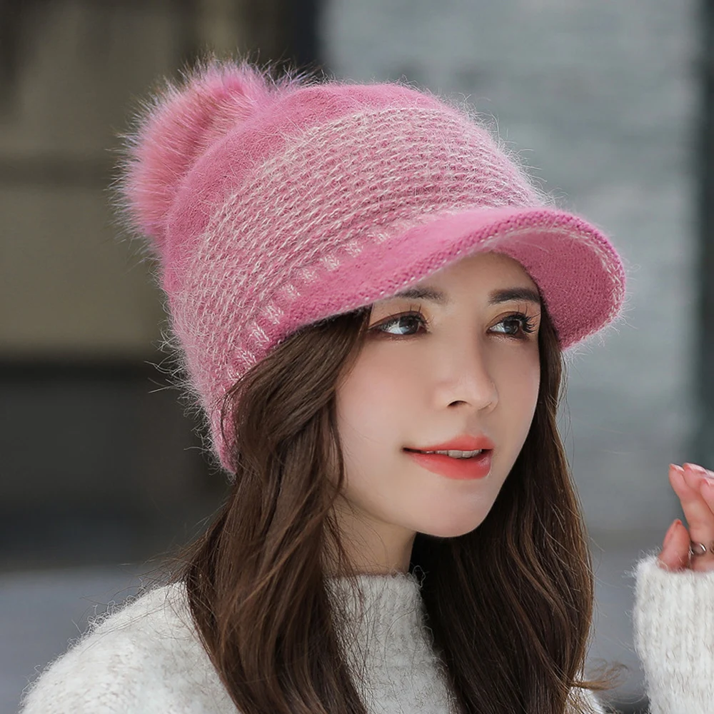 

Women Casual Girl Visors Baseball Caps Autumn Winter Knitted Double Color Hat Warm Soft Plush Rabbit Fashion Female Beanie Cap