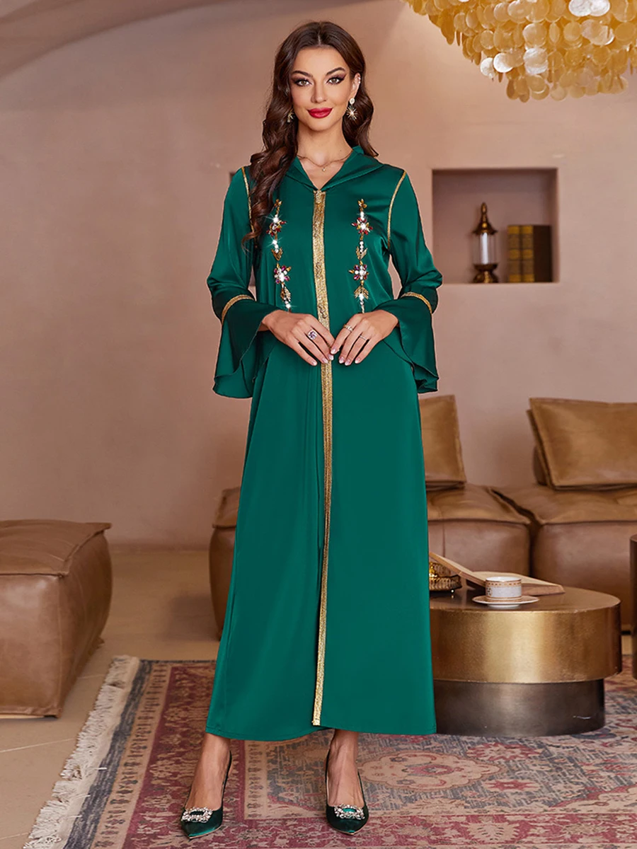 Women's Elegant Party Dresses Hoodie Flare Sleeve Urban Casual Robe Diamonds Button Design Muslim Kaftan Abaya Dubai