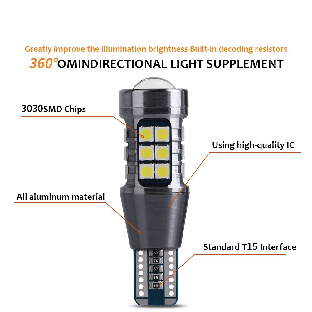 Фото Автомобильные светодиодные лампы T15 W16W Wy16W Canbus 27SMD 3030 Super Bright, 12В, 6000K, белые, для заднего хода, поворотников и габаритных огней, 2 шт. №4