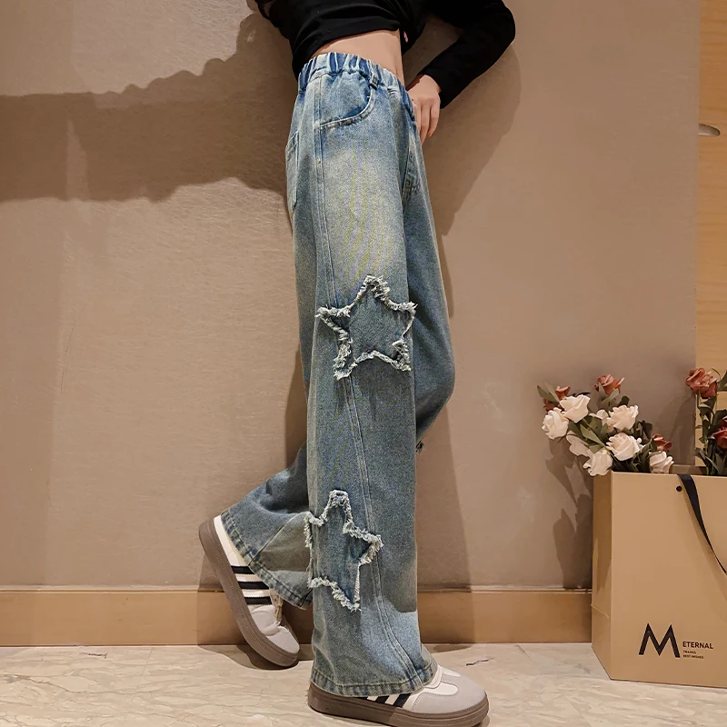 Джинсы для девочек весна-осень ретро пятиконечные звезды модные широкие брюки с
