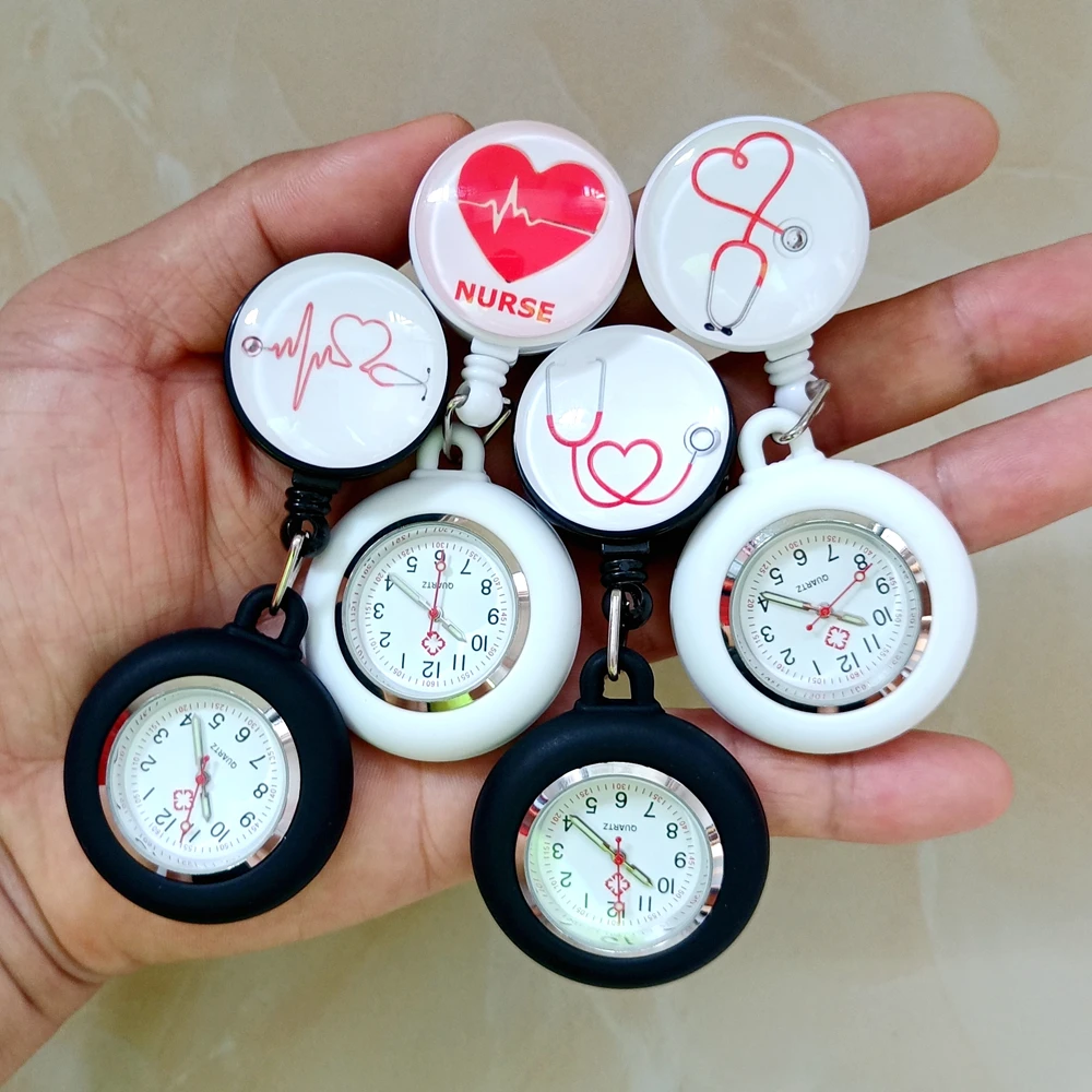 Hospital Health Care Medical Nurse Doctor Love Heart Beat Stethoscope Retractable Badge Reel Clip Hang FOB Pocket Watches Clock
