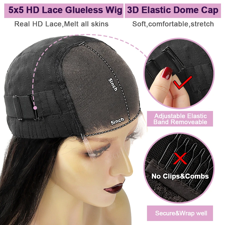 WOWANGEL 34in 5x5 HD Парики с кружевной застежкой 250% Объемная волна Бесклеевые парики