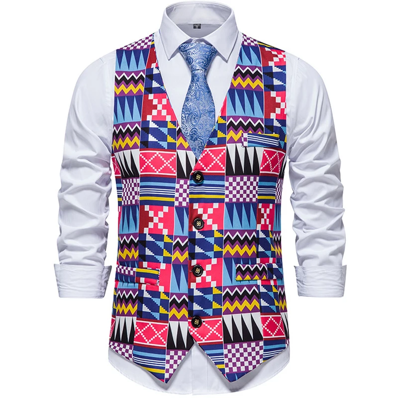 

African Suit Vest Men 2022 Brand New Africa Tribal Geometric Slim Fit Print Sleeveless Waistcoat Mens Hip Hop Dashiki Clothing