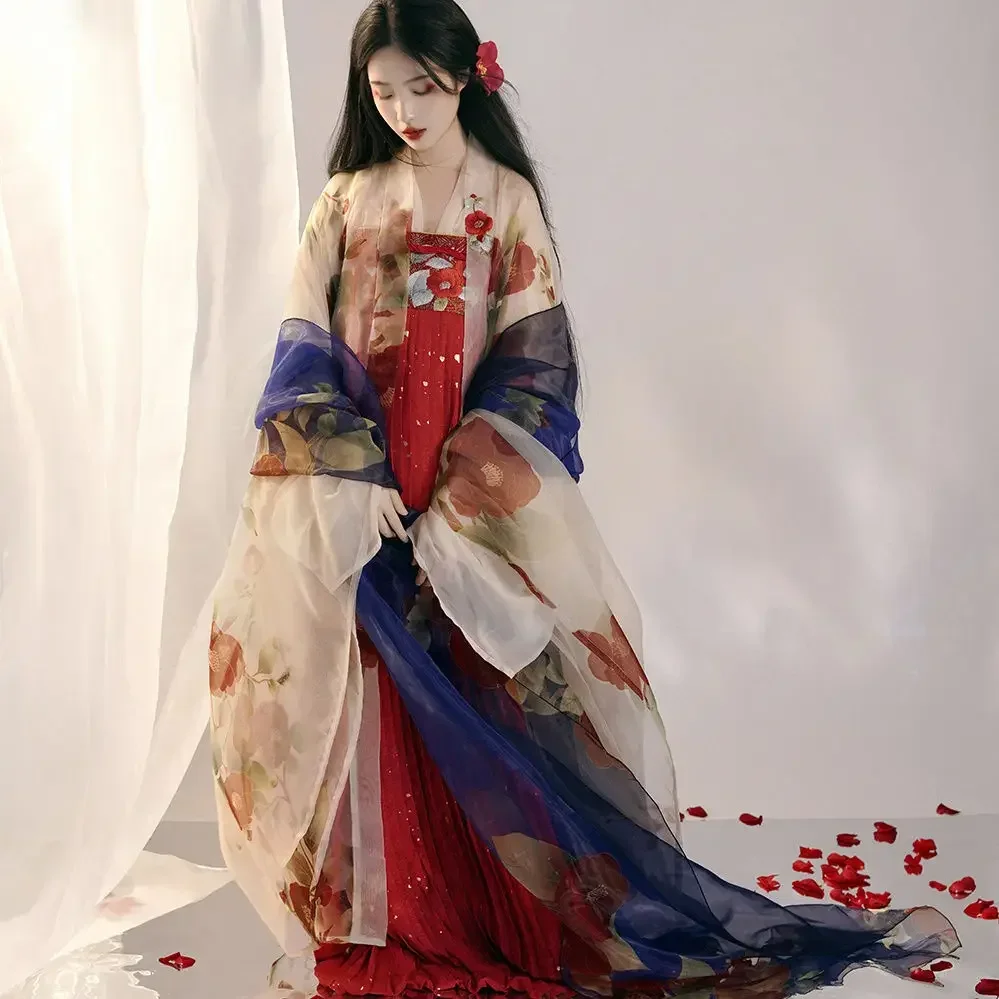 Китайское платье ханьфу древнее женское с вышитым принтом дворца камелии и