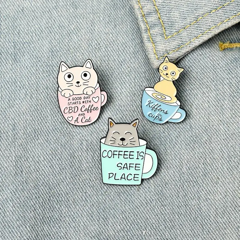 

10 PCS / LOT Coffee Cats Enamel Pins Custom Catpuccino Kitten Cups Brooch Bag Clothes Lapel Pin Pet Badge Animal Jewelry