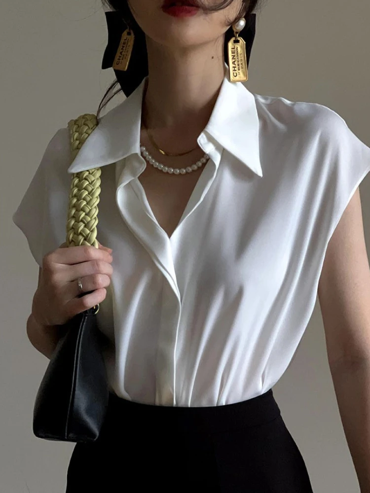 

ZCSMLL Turn-down Collar Commuter Vintage Short Sleeve Shirt for Women 2022 Summer Solid Color Korean Fashion Women Tops