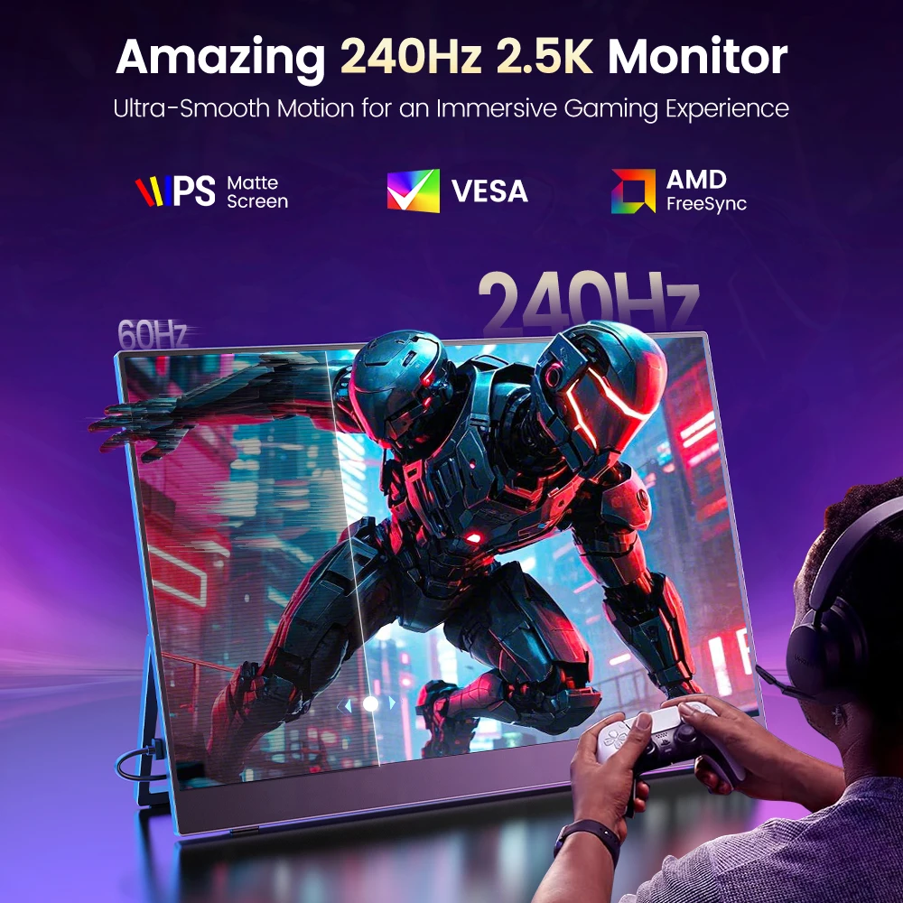 Фото Портативный игровой монитор EVICIV 240 Гц, 16 дюймов, 2.5K, 100% DCI-P3, матовый IPS-экран, внешний дисплей для PS5, Xbox, Switch, ноутбуков, телефонов №2