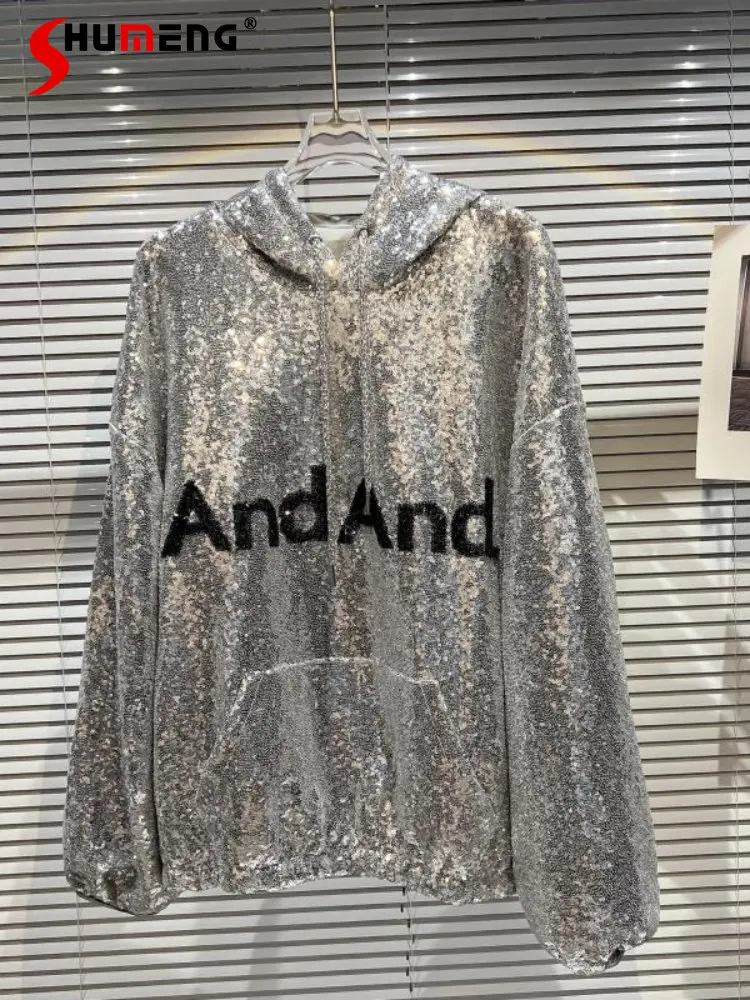 Loose Silver Sequins Hooded Sweatshirt Woman 2022 Autumn New Letter Pattern Full Sequins Long Sleeve Hooded Large Pocket Hoodies