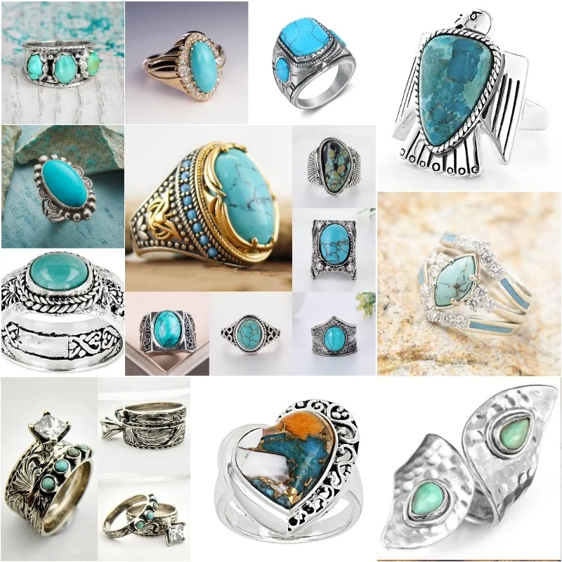 

2023 New Bohemian Large Oval Natural Stone Rings for Women Men Vintage Dual Color Blue Beads Luxury Retro Party Jewelry