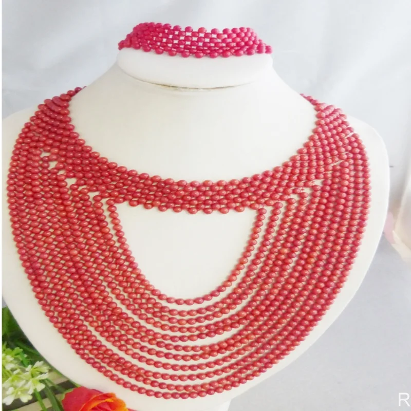 

2021--Red Coral Bead Sets Jewelry Latest Design Nigerian Beads Necklace Set Bridal Jewelry Set 18"