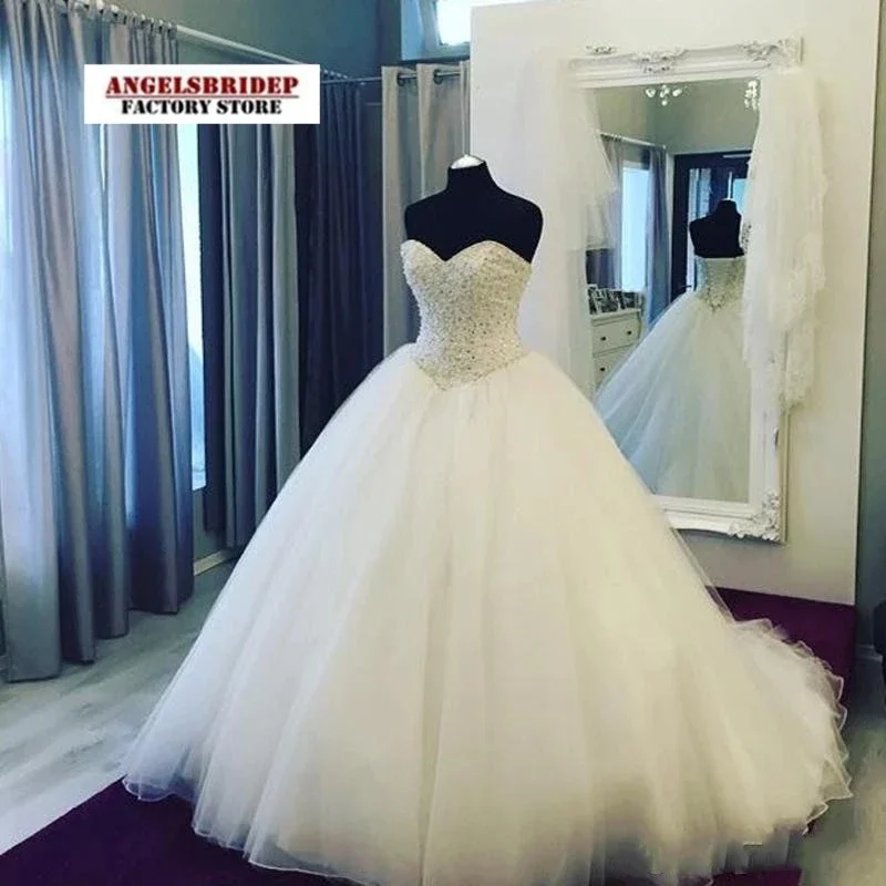 

Ball Gown Wedding Dress Robe De Mariee Sparkly Pearls Crystals Tulle Formal Bridal Gown Plus Size Court Train