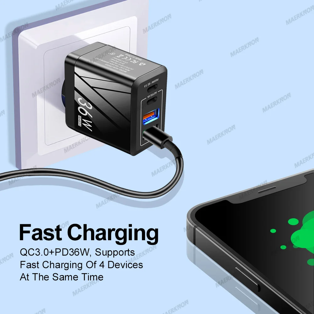 36W 2USB 2Type-C Fast Charger Quick Charge For iPhone 14 13 Pro Samsung S21 20 Xiaomi Huawei P50 40 Phone Adapter Wall Charger