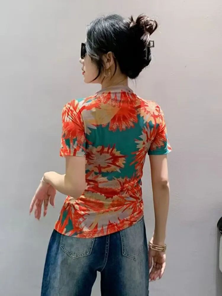 Новое поступление 2024 шикарная элегантная красочная сетчатая женская футболка