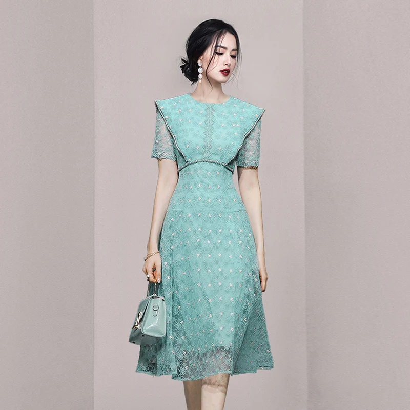 Vintage Embroidery Beading Short Sleeve Summer Dress For Women High Waist Slim O Neck Mid-Length Dresses Female Fashion Clothes