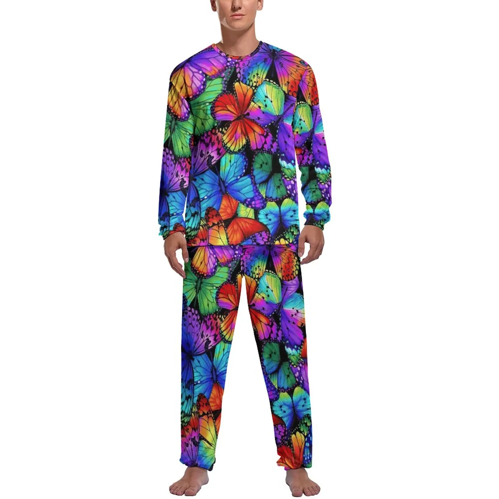 Colorful Butterfly Pajamas Winter Neon Animal Print Leisure Home Suit Men 2 Pieces Graphic Long Sleeve Cool Pajama Sets