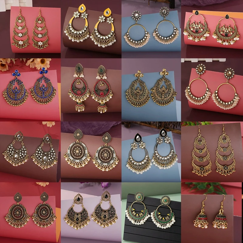 

Женские этнические серьги Jhumka в стиле бохо, этнические серьги для женщин, афганское племя золотого цвета, с перламутровым колокольчиком, же...