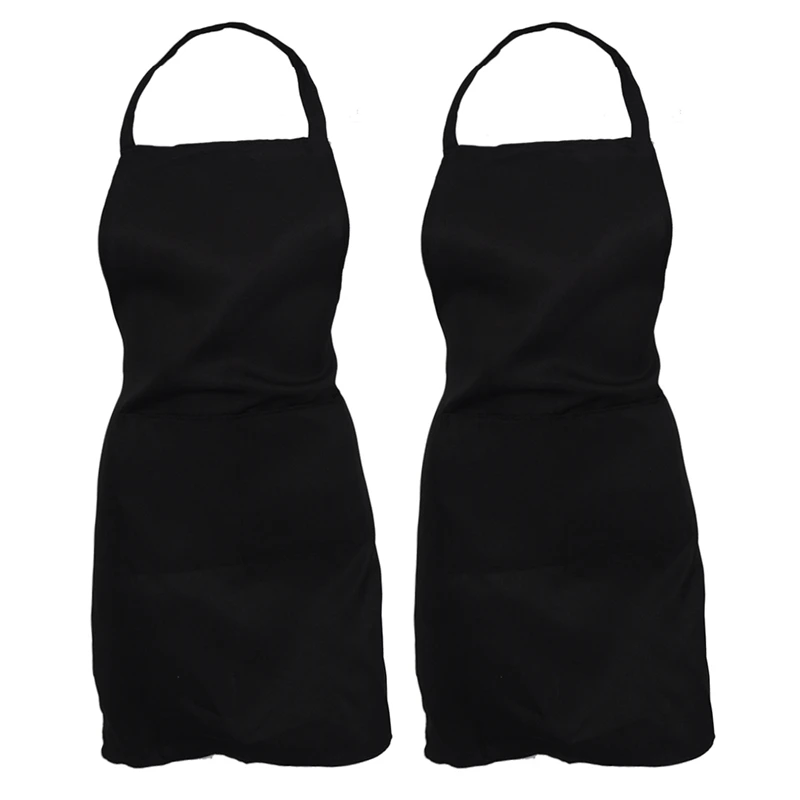 

2X Plain Apron With Front Pocket Kitchen Cooking Craft Baking Black