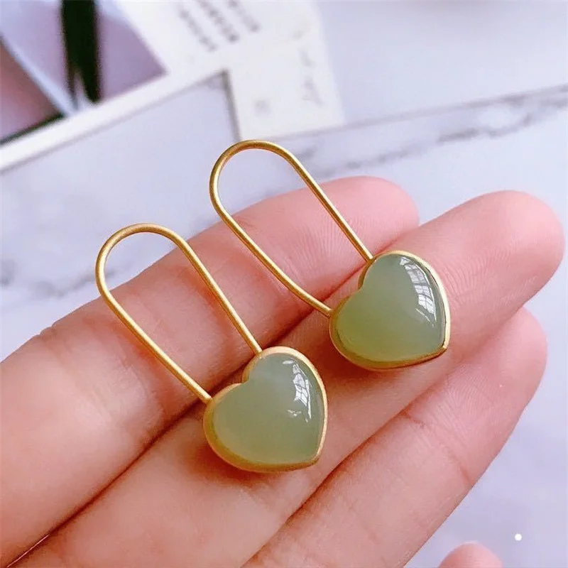 

Top Quality Silver 925 Hooks Earrings For Lady Ear Accessories Fashion Jade Heart Drop Earrings Women Jewelry