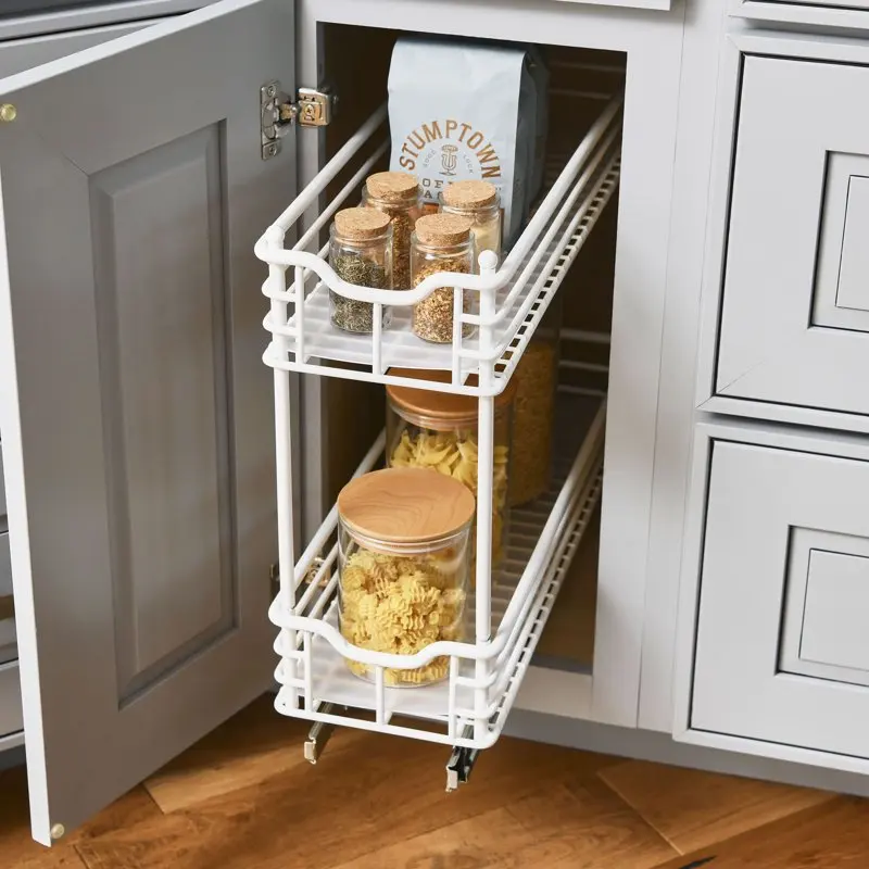 

Fantastic Narrow Two Tier White Sliding Cabinet Organizer, Perfect for Slim Kitchen, Bathroom and More Cabinet Spaces.