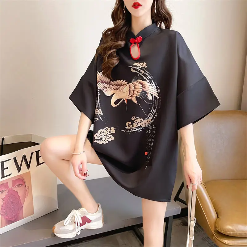 

Summer Black T Shirt Dress Short Sleeves Loose Stand Collar Buttons Hollow Out 3D Printed Mini Dress Vintage Chinese Style