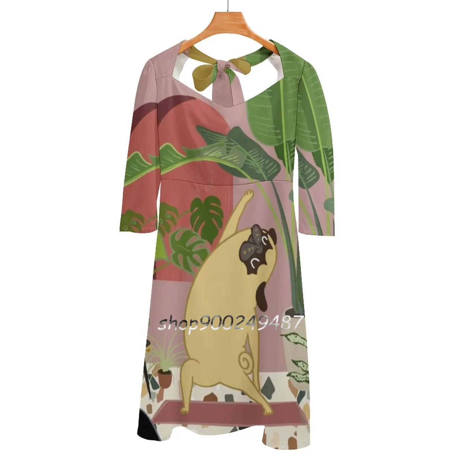 

Pug Yoga With Plants Square Neck Dress Sweet Summer Dress Women Elegant Halter Print Dress Pug Yoga Plants Green