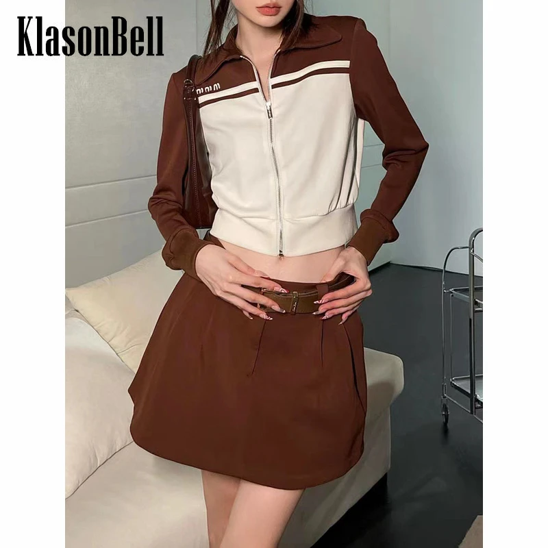 

8,9 KlasonBell вышитые буквы молния короткая куртка с поясом мини юбка Модный комплект из 2 частей для женщин